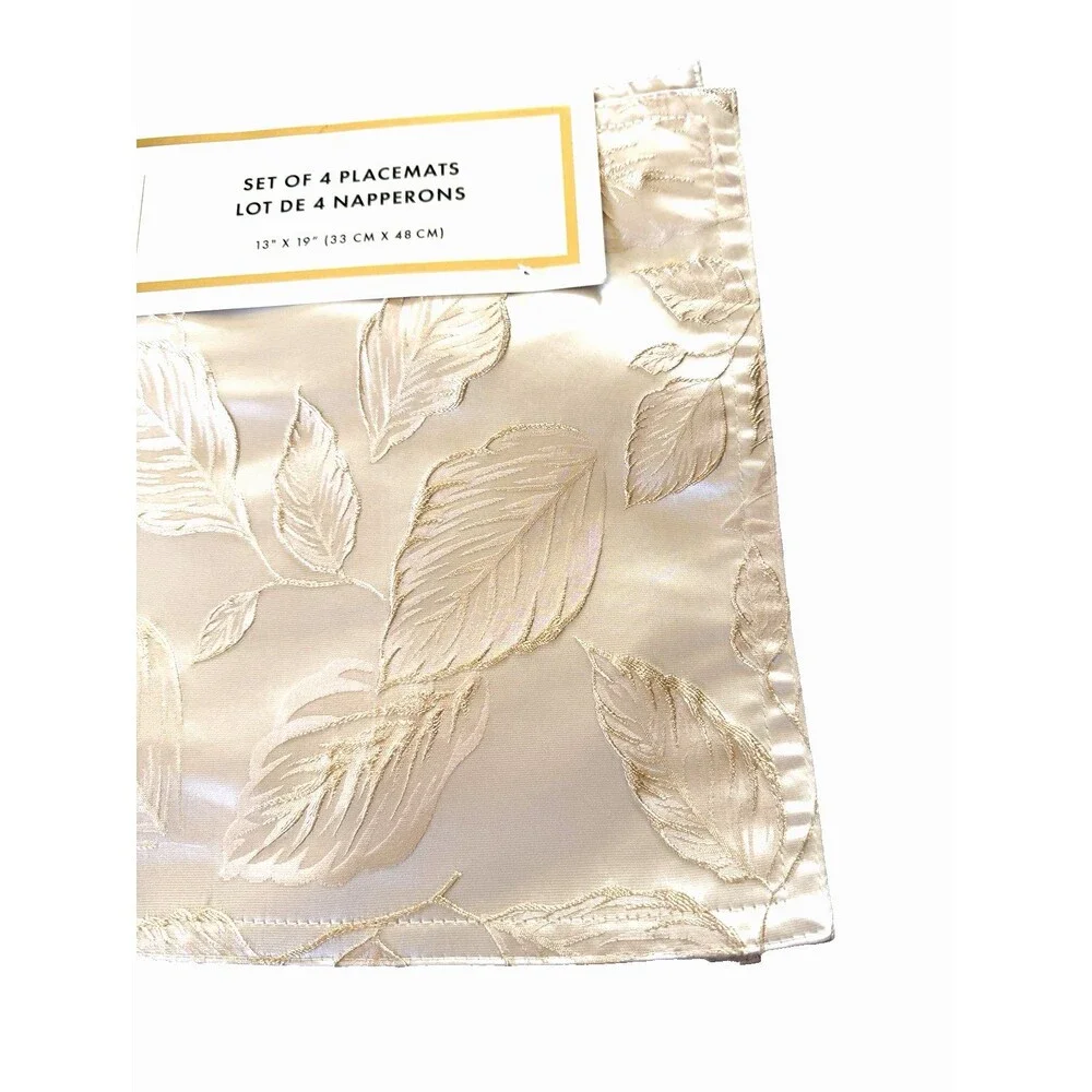 Celebrity Home Table Placemats Gold Embroidered Leaves 13x18 Set of 4